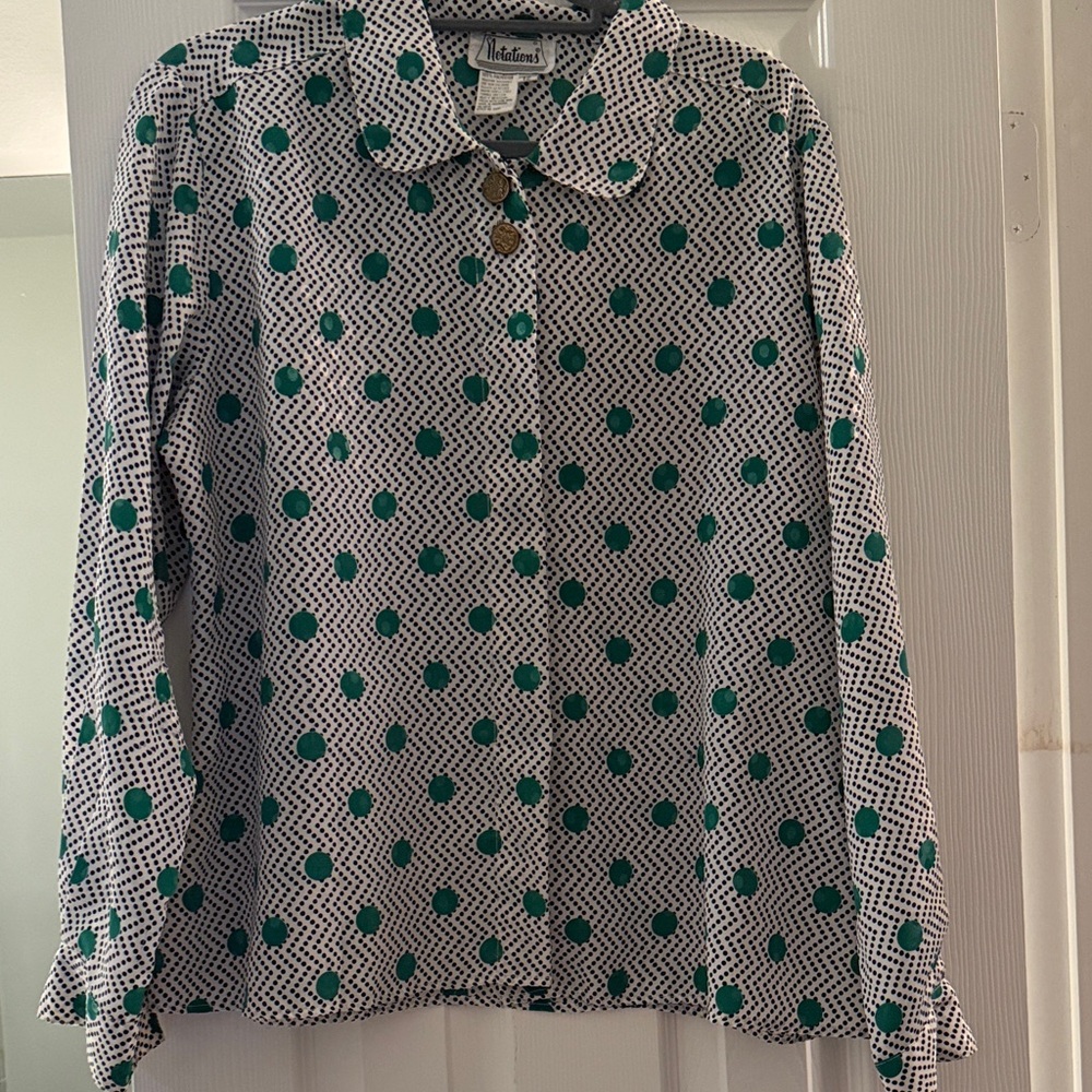 Notations White and Green Polka Dot Blouse